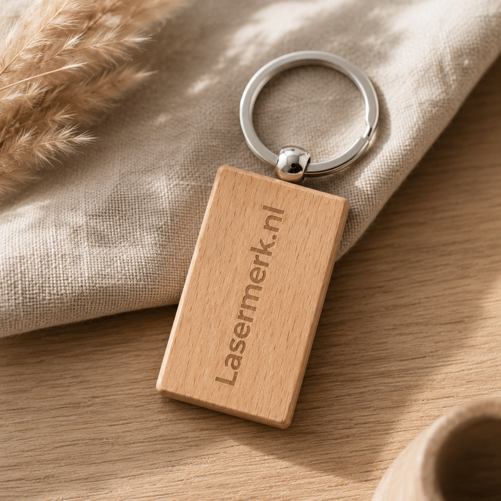 Rechthoekige houten sleutelhanger met gravering